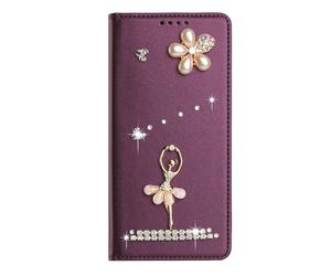 Étui Portefeuille en Cuir synthétique pour Oppo A5X 5G avec Strass 3D Danseuse de Ballet Bling Wallet de Luxe à Rabat avec Fente pour Cartes et Support pour Smartphone Oppo A5X 5G - Rouge vin