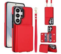 Étui portefeuille en cuir synthétique pour Samsung Galaxy S26 Ultra, 4 emplacements pour cartes et 2 emplacements pour billets, blocage RFID, sangle amovible, coque anti-rayures et antichoc (rouge)