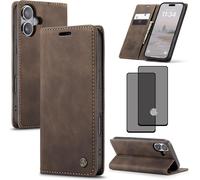 Étui Portefeuille Iphone 16 Plus Marron - Cuir Synthétique Premium, Coque Tpu Souple Magnétique, 2 Emplacements Cartes + Poche Monnaie, Support Horizontal Pour Vidéo + 2 Verres Trempés Hd