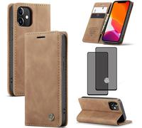 Étui Portefeuille Marron Compatible Iphone 12 / Iphone 12 Pro - Cuir Synthétique Premium, Coque Tpu Souple, Fermeture Magnétique, 2 Fentes Cartes + Poche Billets, Support Horizontal + Verre Trempé Hd 