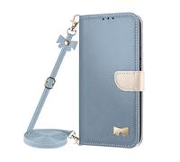 Étui Portefeuille pour Galaxy A27 à Bandoulière avec Motif Nœud Doré Bleu clair