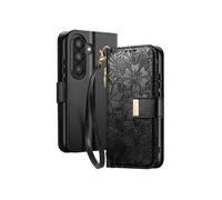 Étui Portefeuille pour Galaxy A37 Motif Floral avec Poche Zippée Intégré Noir