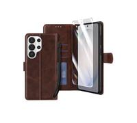Etui Portefeuille pour Galaxy S26 Ultra avec Verre Trempé et Dragonne Marron