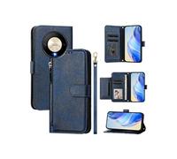 Etui Portefeuille pour Honor Magic 6 Lite 5G Cuir PU Bleu avec Rabat, Fentes Cartes, Zip, Dragonne et Support