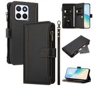 Étui portefeuille pour Honor X8C 4G Foreign avec sangle antichoc en cuir de qualité supérieure à rabat, sac à main zippé, 9 emplacements pour cartes pour Honor X8C 4G - Noir