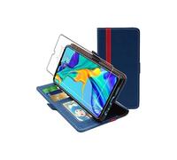 Etui Portefeuille pour Huawei P30 PU Cuir Porte-Cartes Support Stand, Bleu Foncé / Rouge + Film VERRE Trempé