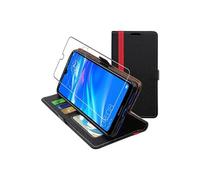 Etui Portefeuille pour Huawei Y7 2019 PU Cuir Porte-Cartes Support Stand, Noir / Rouge + Film VERRE Trempé