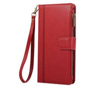 Étui Portefeuille pour iPhone 16 à Zip avec Dragonne Détachable Rouge