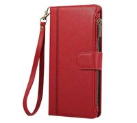 Etui Portefeuille pour iPhone 16e à Zip avec Bandoulière Détachable Rouge