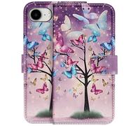 Étui Portefeuille pour iPhone 17e Motif Arbre de Papillon avec Support et Dragonne Violet