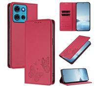 Étui portefeuille pour Motorola Moto G75 en cuir PU et TPU magnétique à rabat avec blocage RFID, 2 emplacements pour cartes et poche pour espèces, antichoc, fonction béquille, papillon gaufré (rouge)