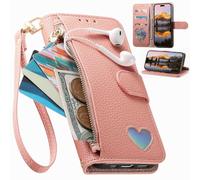Étui Portefeuille pour Oppo A5X, Fermeture éclair, Porte-Cartes, Coque à Motif cœur, béquille, Pochette de Rangement en Cuir PU pour Oppo A5X-Rose