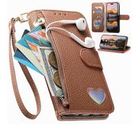 Étui Portefeuille pour Oppo A9 2020, Fermeture éclair, Porte-Cartes, Coque à Motif cœur, béquille, Pochette de Rangement en Cuir PU pour Oppo A9 2020-Marron