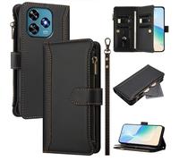 Étui portefeuille pour Oukitel C51 avec sangle antichoc en cuir de qualité supérieure - Étui portefeuille à rabat avec fermeture éclair, 9 emplacements pour cartes - Noir