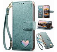 Étui Portefeuille pour Samsung Galaxy S22, Fermeture éclair, Porte-Cartes, Coque à Motif cœur, béquille, Pochette de Rangement en Cuir PU pour Samsung Galaxy S22-Vert