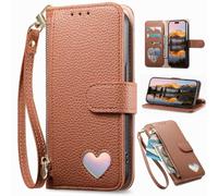 Étui Portefeuille pour Samsung Galaxy S22, Fermeture éclair, Porte-Cartes, Coque à Motif cœur, béquille, Pochette de Rangement en Cuir PU pour Samsung Galaxy S22-Marron