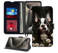 Étui portefeuille pour Samsung Galaxy S25 FE 5G 6,7" 2025 avec porte-cartes de crédit, dragonne, rabat magnétique, béquille, fentes pour cartes, résistant aux chocs, motif chien Boston Terrier