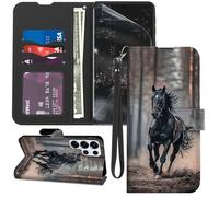 Étui portefeuille pour Samsung Galaxy S25 Ultra avec protecteur d'écran, support en cuir PU à rabat avec porte-cartes, coque de protection intégrale pour téléphone Samsung S25 Ultra, cheval noir