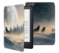 Étui pour 7" Kindle Paperwhite 2024 (12E Génération) Et Kindle Colorsoft Signature Edition, Housse De Protection Légère en Cuir PU avec Veille/Réveil Automatique, Loup De La Lune