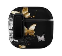 Étui pour AirPods 4 avec trou pour corde de suspension Motif papillons blancs dorés et noirs
