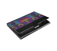 Étui pour cartes de visite et cartes de visite, motif mandala indien, libellule, soleil, fleur, bleu et rose dégradé sur cuir synthétique noir et acier inoxydable