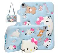 Étui pour enfants pour iPad Air 11" 6e génération M2 2024 / iPad Air 5e/4e génération 10,9" 2022/2020 - Coque antichoc avec support et bandoulière, motif chat mignon - Bleu