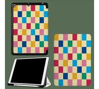 Étui pour iPad 9e/8e/7e Gén 2021/2020/2019 10,2 Pouces avec Porte-Crayon,Dos TPU Souple et Support de Protection à Trois Volets,Auto Wake/Sleep Rétro À Carreaux Arc-en-Ciel Simplicité Géométrie-Beige