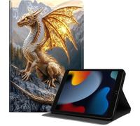 Étui pour iPad 9e/8e/7e génération 10,2" (version 2021/2020/2019), étui portefeuille fin en cuir synthétique avec fonction veille/réveil automatique, support multi-angle, dragon doré sur rocher