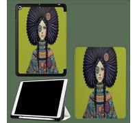 Étui pour iPad 9e/8e/7e génération 2021/2020/2019 10,2 Pouces avec Porte-Crayon,Dos Souple et Support de Protection à Trois Volets,Auto Wake/Sleep Géométrie Femme Fleurs Ethnicité Portrait-Vert Olive