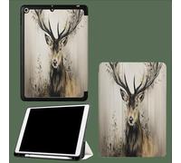 Étui pour iPad 9e/8e/7e génération 2021/2020/2019 10,2 Pouces avec Porte-Crayon, Dos TPU Souple et Support de Protection à Trois Volets, Auto Wake/Sleep Cerf Abstrait Aquarelle Animaux-Beige