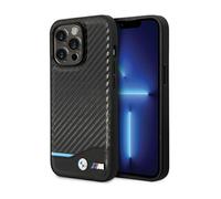 Étui pour iPhone 13 Pro Max - BMW - Leather Carbon Blue Line - Noir - Semi-rigide - Design élégant