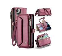 Etui Pour iPhone 13mini Etui Portefeuille Fente Pour Les Factures A Fermeture Eclair Blocage RFID Titulaire De La Carte Rouge