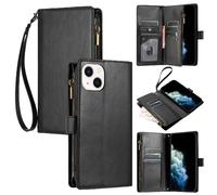 Étui Pour Iphone 15 Plus Housse De Sac À Main Cuir Pu Portefeuille Fermeture Éclair Fentes Pour Cartes Folio Flip - Noir