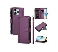 Etui pour iPhone 16 Pro Max de téléphone de portefeuille de poche à fermeture éclair en cuir premium avec 9 emplacements de carte et bracelet de