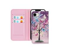 Etui pour iPhone 16e Motif Arbre à Papillon Dragonne et Porte-Carte Violet