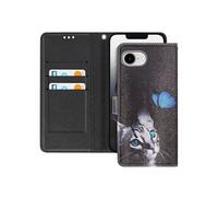 Etui pour iPhone 16e Motif Chat et Papillon Dragonne et Porte-Carte Noir