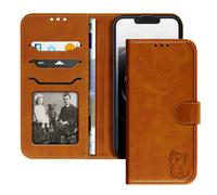 Etui pour iPhone 16e Motif Chat Heureux Portefeuille et Support Marron Clair