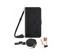 Etui Pour Motorola Moto G Stylus 5G 2025 Avec Porte-carte Et Longue Sangle Portefeuille En Cuir Cuir PU Doux Papillons Et Fleurs Noir