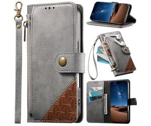 Étui pour Oppo A32/Oppo A53 2020, Coque avec dragonne, emplacements pour Cartes, Poche zippée, Support intégré, Fermeture magnétique-Gris