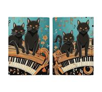 Étui pour passeport en cuir avec motif chat et chien assis dans une poche en cuir, livre de passeport imprimé pour documents, cadeaux de voyage, Quatre chats noirs allongés sur le clavier de piano