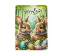 Étui pour passeport en cuir, Œufs de Pâques jumeaux lapins dans la forêt printanière