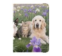 Étui pour passeport et carte de vaccin en cuir avec blocage RFID pour homme et femme, étanche, 6 chiens dans un champ de fleurs, 1 size, Moderne