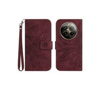 Etui pour Realme 12 ProPlus Sunflower en relief de portefeuille en cuir en relief avec support de carte compatible avec Realme 12 ProPlus-Bourgogne