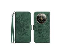Etui pour Realme 12 ProPlus Sunflower en relief de portefeuille en cuir en relief avec support de carte compatible avec Realme 12 ProPlus-Vert