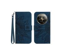 Etui pour Realme 12 ProPlus Sunflower en relief de portefeuille en cuir en relief avec support de carte compatible avec Realme 12 ProPlus-Bleu foncé