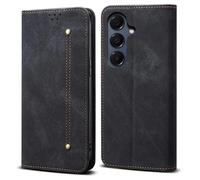 Étui pour Samsung Galaxy A57 5G, texture tissu jean, cuir anti-rayures avec support, housse pour téléphone - Noir