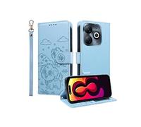 Etui Pour Tecno Pop 8 4G Sangle de poignet Supports de fente pour carte Chien en relief Poche Cuir Bleu