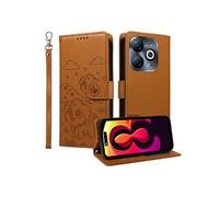 Etui Pour Tecno Pop 8 4G Sangle de poignet Supports de fente pour carte Chien en relief Poche Cuir Marron