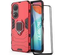 Étui Renforcé Honor X7 + 2 Films Trempés ¿ Support Anneau Rotatif 360° Magnétique Compatible Support Voiture, Pc/Tpu, Protection Niveau Militaire, Rouge