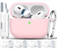 Étui RFUNGUANGO Compatible avec Les AirPods Pro 2e génération (2023/2022/2019), Coque de Protection en Silicone Souple (câble USB-C/Lightning) avec kit de Nettoyage et Embouts Auriculaires,Rose